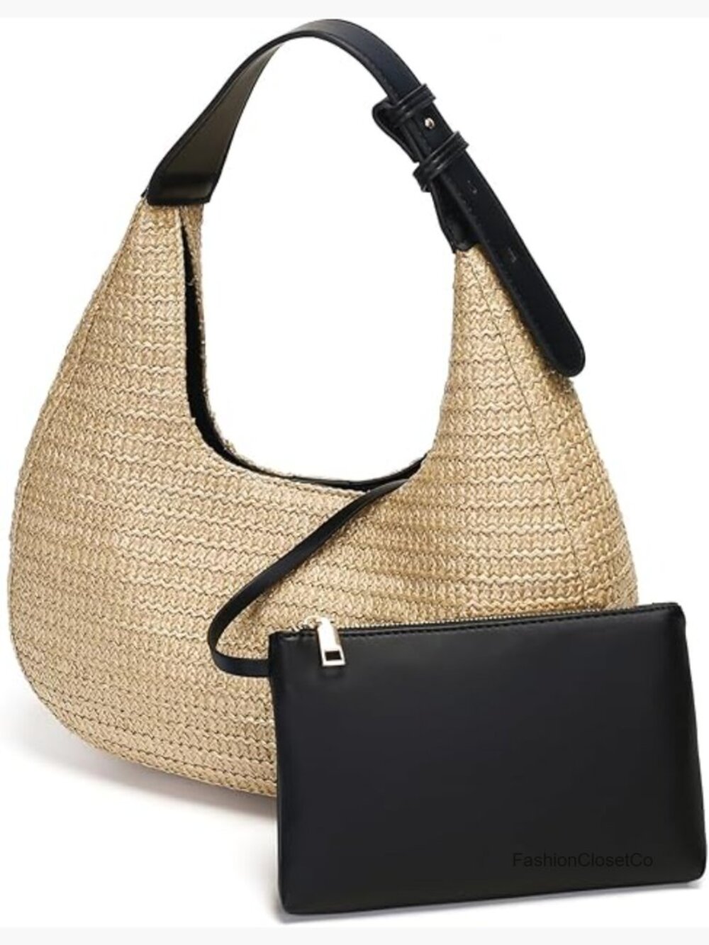 Hobo Crescent Straw Handbag with Adjustable Strap